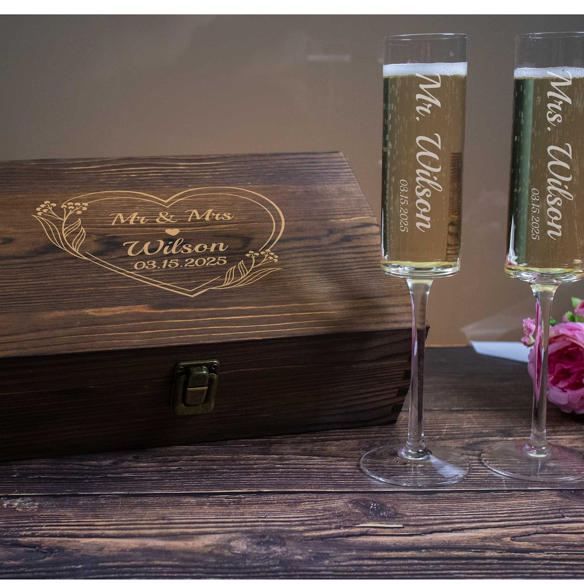 Modern Wedding Toasting Flutes in a Wooden Gift Box | Set of 2 Champagne Flutes Engraved for Mr and Mrs - Etsy