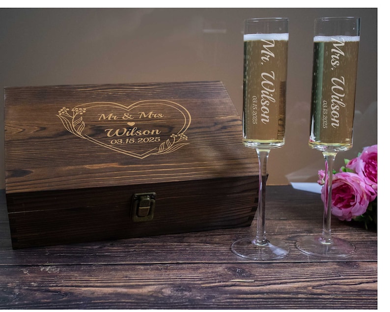 Modern Wedding Toasting Flutes in a Wooden Gift Box | Set of 2 Champagne Flutes Engraved for Mr and Mrs