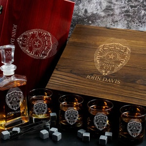 Gift for Police Officer | Personalized Whiskey Decanter Wood Gift Box Set | Policeman | Law Enforcement | Engraved Retirement Gift