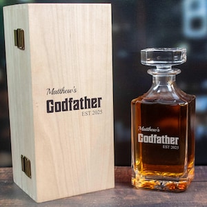 Gift for Godfather Proposal Engraved Whiskey Decanter and Whiskey Glasses in a Wooden Gift Box | Baptism Gift | Gift for Padrino