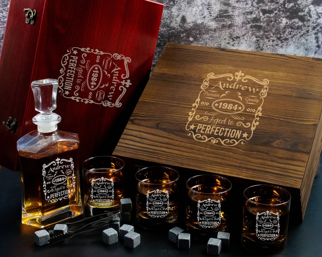 Personalized Whiskey Decanter and 4 Whiskey Glasses and Whiskey Stones ...