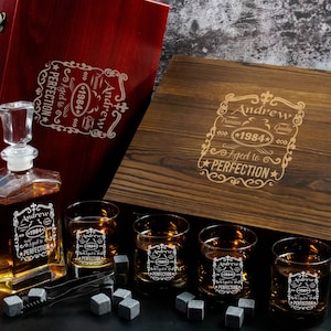 Personalized Whiskey Decanter and 4 Whiskey Glasses and Whiskey Stones in Engraved Wooden Gift Box  | 50th Birthday Gift for Man