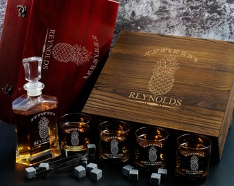 Pineapple Home Closing Gift | Personalized Scotch Decanter Engraved Gift Set with Whiskey Glasses and Stones in Wood Box