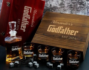 Godfather Proposal Gift | Personalized Whiskey Decanter Set with 4 Glasses and Whiskey Stones in Engraved Wooden Box