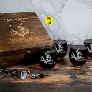 Any Lake Custom Engraved Lake Map Wine Glass Gift Set with 4 Glasses in Wood Box | Lake House Gift | Mothers Day Gift
