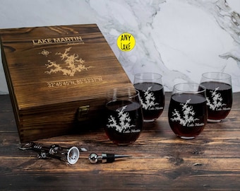 Any Lake Custom Engraved Lake Map Wine Glass Gift Set with 4 Glasses in Wood Box | Lake House Gift | Mothers Day Gift