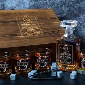 50th Birthday Gift for Men | Custom Whiskey Decanter and Glasses in Engraved Wooden Gift Box | Gift for Dad | 30th 40th 60th Birthday Gift