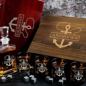 Personalized Anchor Engraved Decanter and Whiskey Glass Gift Box | Sailing Gift | Nautical Gift | Boat Gift