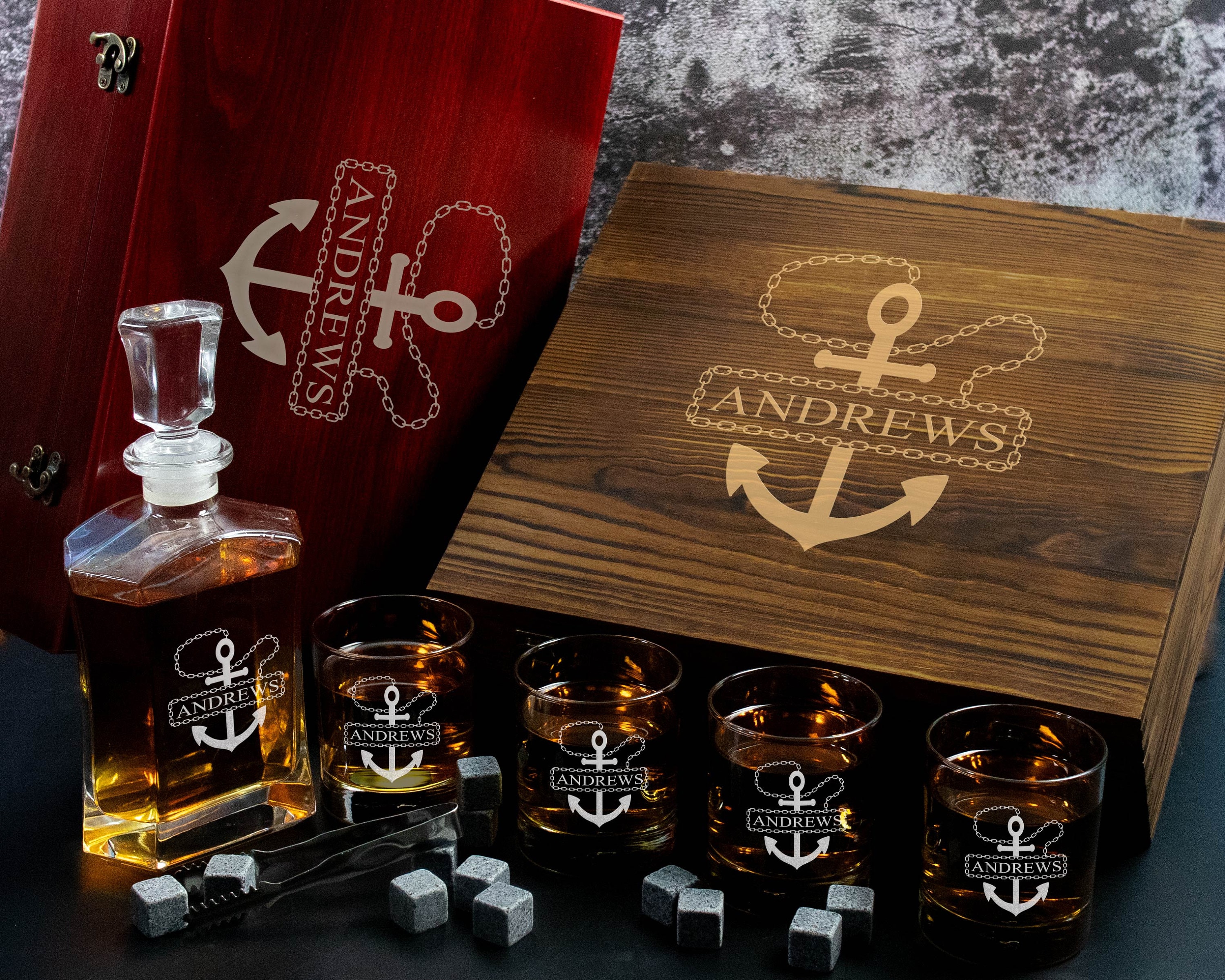 Personalized Anchor Engraved Decanter and Whiskey Glass Gift Box | Sailing Gift | Nautical Gift | Boat Gift