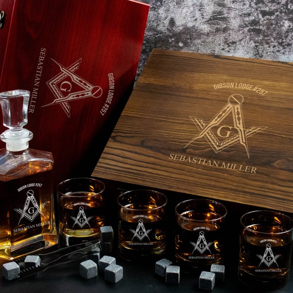 Freemason Personalized Whiskey Decanter Engraved and 4 Glasses in a Wooden Gift Box | Free Mason Gift | Birthday Present