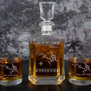 Lake of the Ozarks, Missouri Custom Map Engraved on Whiskey Decanter Gift Set | Lake House Decor