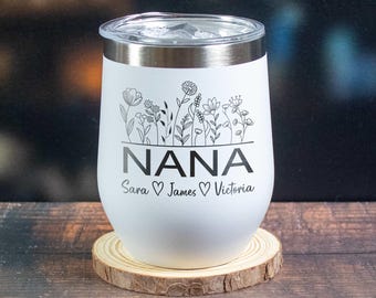 Personalized Grandma Wine Tumbler | Engraved Grandkids Names, Floral Design