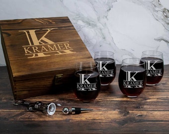 Home Closing Gift | Personalized Wood Box with 4 Wine Glasses Engraved | Unique New Home Gift
