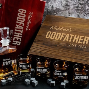 Gift for Godfather | Personalized Bourbon Decanter Set with 4 Glasses in Engraved Wooden Box | Godfather Proposal Gift