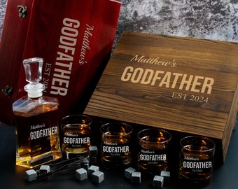 Gift for Godfather | Personalized Bourbon Decanter Set with 4 Glasses in Engraved Wooden Box | Godfather Proposal Gift