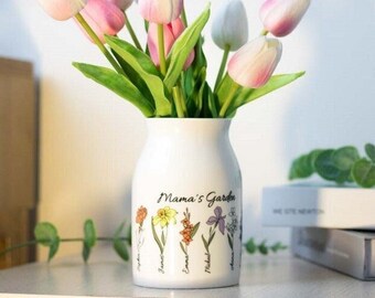 Jarrón de flores de jardín personalizado de la abuela, nombre personalizado de los nietos, jarrón de flores del mes de nacimiento, regalo del día de las madres para nana, jarrón de flores de cerámica