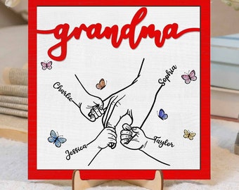 Panneau en bois First Bump grand-mère et enfants, panneau encadré noms d'enfants personnalisés, panneau de famille, cadeau de fête des mères pour grand-mère, Mimi, panneau de maman