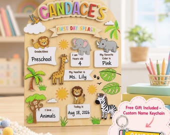 Personalized Safari First Day School Board, Custom Layered Wooden Back To School Sign, Jungle Animal First Day Of School Photo Prop