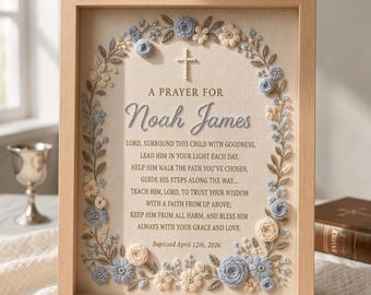 Hand Embroidery Baptism Gift Boy, Personalized Christening Sign, Pearl Cross Blue Floral Wreath, Godson Keepsake, Baby Dedication Art