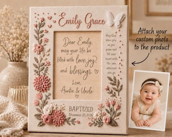 Custom Baptism Photo Frame Hand Embroidered Keepsake, Personalized Baby Blessing Picture Frame, Christian Goddaughter Gift