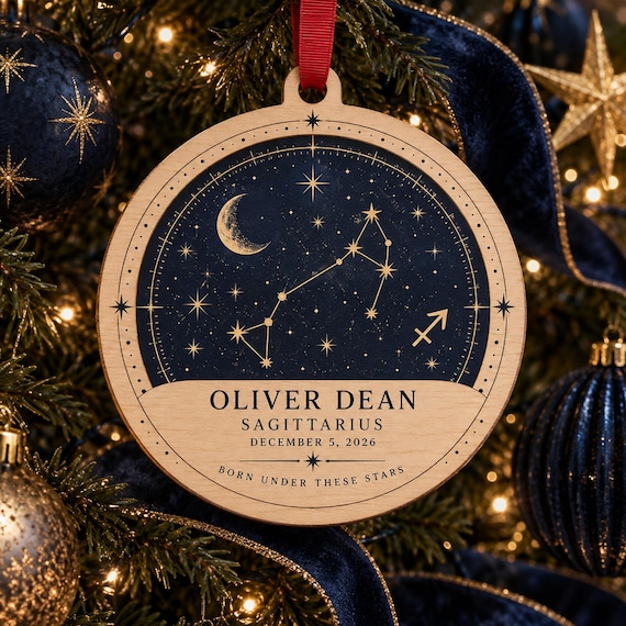 Personalized Baby Zodiac Ornament, 3 Layer Wood Star Map Keepsake with Name Birth Date and Sign, Newborn First Christmas