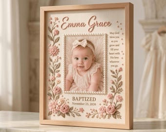 Personalized Baptism Gift for Girl, Hand Embroidered Floral Picture Frame, Christening Keepsake from Godparent, Custom Baby Photo Frame