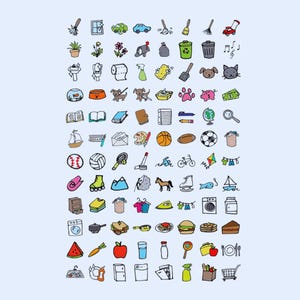 Puede incluir: Una colecci&oacute;n de iconos dibujados a mano sobre un fondo azul claro. Los iconos incluyen una variedad de objetos como un coche, un perro, un gato, un libro, una pelota, una bicicleta, alimentos y art&iacute;culos para el hogar. Los iconos est&aacute;n delineados en negro y rellenos con varios colores.