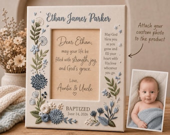 Custom Baby Boy Baptism Photo Frame Hand Embroidered Keepsake, Personalized Christening Picture Block, Godson Nursery Gift