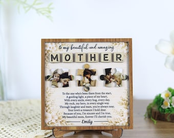 Personalized Mother Puzzle Photo Frame Wooden Sign with Custom Message, Mother’s Day Gift, Puzzle Piece Family Sign with Poem, Grandma gift