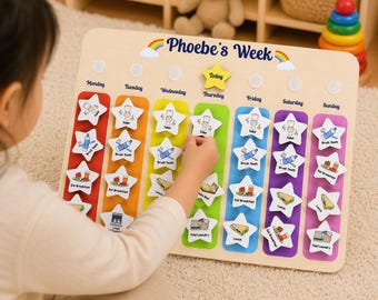 Personalized Kids Reward Chart with Star Tokens, Custom Wooden Routine Board, Toddler Behavior Chart, Visual Schedule for Kids