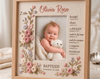 Christian Baby Girl Gift, Personalized Christening Photo Frame with Hand Embroidery, Bible Verse Nursery Decor, Custom Baptism Keepsake