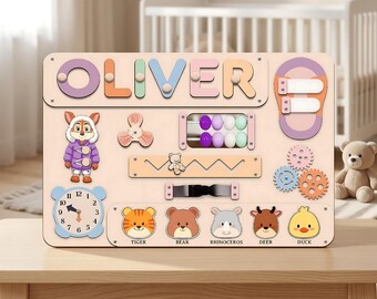 Personalized Busy Board for Toddlers, Montessori Sensory Toy, Custom Name Puzzle, Wooden Activity Board, 1st Birthday Gift