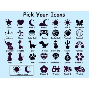 Puede incluir: Gr&aacute;fico azul claro con iconos negros y el texto "Pick Your Icons". Los iconos incluyen una estrella, un coraz&oacute;n, una luna, un sol, una mariposa, un unicornio, una nota musical, un mando de juego, un baloncesto, un f&uacute;tbol americano, un b&eacute;isbol, etc.