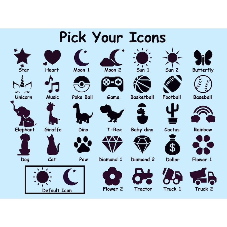 Puede incluir: Gr&aacute;fico azul claro con iconos negros y el texto "Pick Your Icons". Los iconos incluyen una estrella, un coraz&oacute;n, una luna, un sol, una mariposa, un unicornio, una nota musical, un mando de juego, un baloncesto, un f&uacute;tbol americano, un b&eacute;isbol, etc.