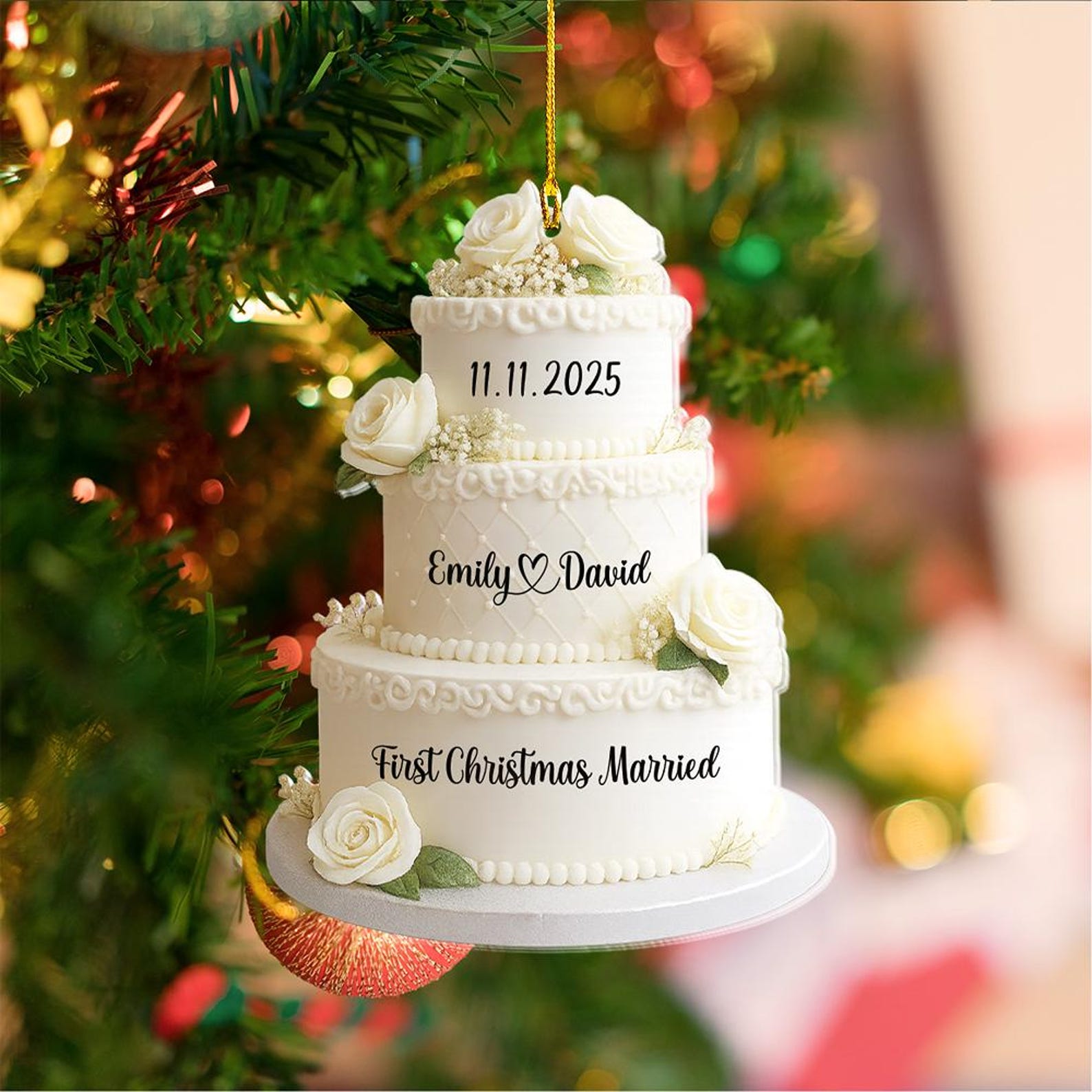 Personalized Wedding Cake Christmas Ornament, 2D Flat Acrylic Ornament, First Christmas Married, Couple Anniversary Gift, Mr & Mrs Ornaments - 1 PACK, 3.5 x3.5 inches