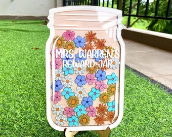 Tarro de recompensa personalizado para profesor, tarro de recompensa de manzana, nombre personalizado grabado en madera y acrílico, dije de flor, regalo de tarro de recompensa para profesor.
