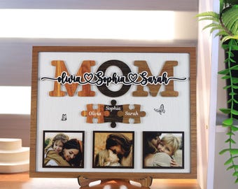 Personalized MOM Wooden Photo Frame with Kids Names and Puzzle Pieces, Mother’s Day Gift for Mom Grandma, Custom Family Photo Keepsake
