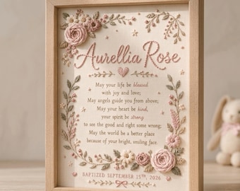 Personalized Hand Embroidered Baptism Frame with Scripture Blessings and Pink Florals, Baby Girl Christening Gift