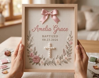 Personalized Pearl Cross Hand Embroidered Baptism Frame with Pink Floral Wreath, Baby Girl Christening Gift, Custom Name Keepsake