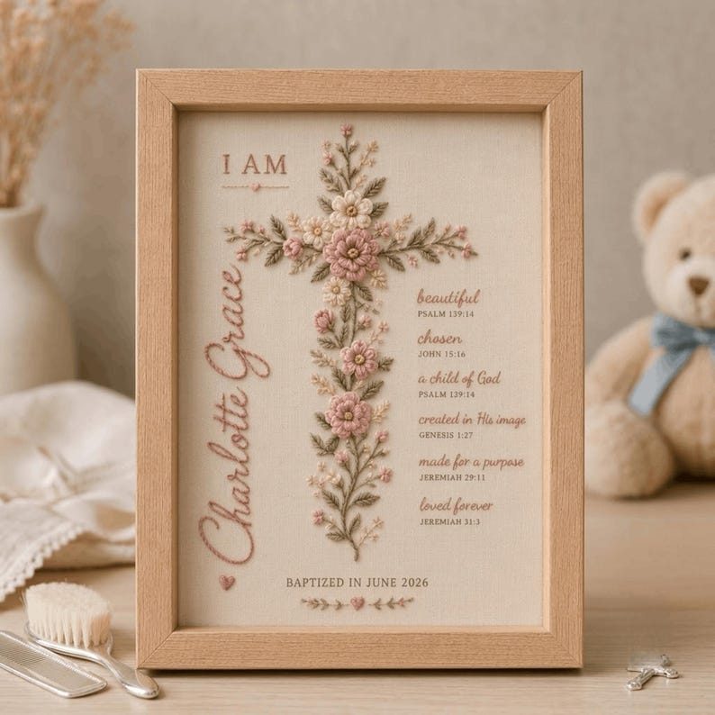 Może przedstawiać: Oprawiona haftowana grafika przedstawiająca kwiatowy krzyż w odcieniach r&oacute;żu i zieleni. Tekst zawiera słowa I AM, Charlotte Grace oraz wersety biblijne, takie jak beautiful, chosen, a child of God i BAPTIZED IN JUNE 2026.