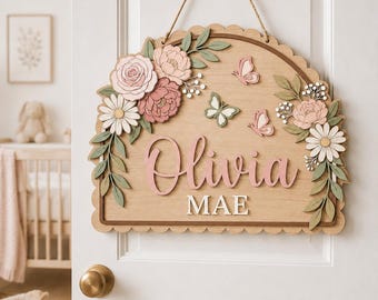 Personalized Floral Hand Embroidered Door Sign, Custom Baby Name Wall Hanging, Girls Nursery Decor, Cute Girls Bedroom Decor