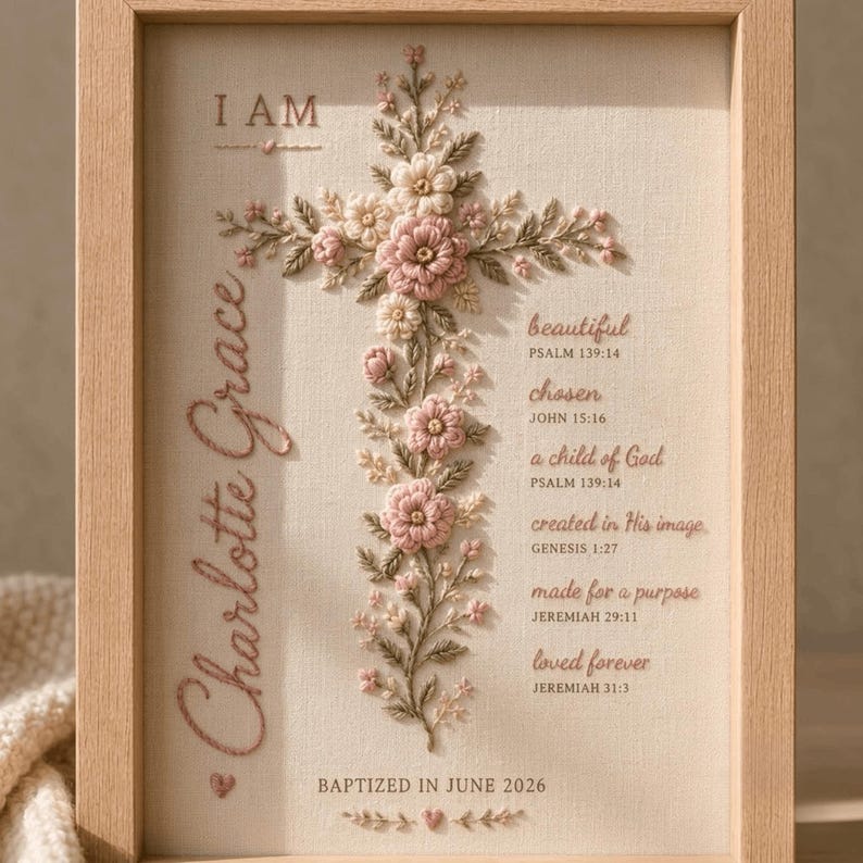 Może przedstawiać: Oprawiony haft na kremowym materiale z centralnym kwiatowym krzyżem w odcieniach r&oacute;żu i zieleni. Tekst zawiera "I AM", "Charlotte Grace", "BAPTIZED IN JUNE 2026" oraz odniesienia do pism, takich jak "beautiful PSALM 139:14".