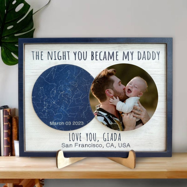 The Day You Became My Dad Custom Star Map - Personalized 2 Layers Wooden Photo Plaque, Night Sky By Date New Dad Birthday Gift, Gift For Him