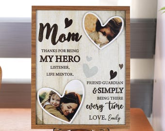 Personalized Mom Photo Frame Wooden Sign Thank You Mom Gift, Mother’s Day Gift for Mom Grandma, My Hero Mom Sign Gift for Her