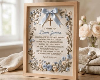 Personalized Boy Baptism Gift, Hand Embroidered Christening Keepsake, Custom Prayer Frame for Godson, Catholic Baby Boy Gift