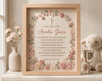Hand Embroidery Baptism Gift Girl, Personalized Christening Sign, Pearl Cross Floral Wreath, Goddaughter Keepsake, Baby Dedication Art
