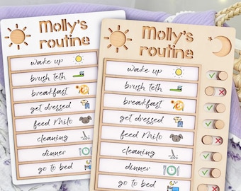 May include: Two rectangular wooden routine boards labeled Molly's routine with a sun icon. Each board features a list of daily tasks including wake up, brush teeth, breakfast, get dressed, feed Milo, cleaning, dinner, and go to bed with icons.