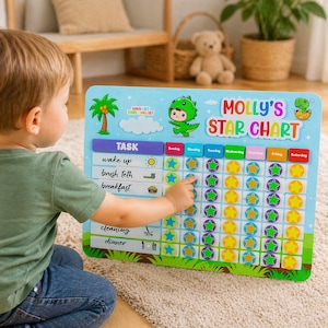 May include: A child points at a colorful star chart labeled "Molly's Star Chart." The chart features a task list, including "wake up," "brush teeth," and "breakfast." The chart has a dinosaur graphic and a palm tree.