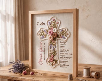 Personalized Baptism Gift for Girl, Hand Embroidered Floral Cross, Custom Christening Gift from Godparents, Baby Dedication Keepsake