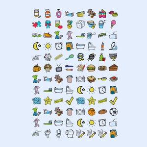 Puede incluir: Una colecci&oacute;n de iconos de doodle coloridos y dibujados a mano sobre un fondo azul claro. Los iconos incluyen una variedad de objetos como alimentos, equipos deportivos y art&iacute;culos para el hogar. El estilo es caprichoso y juguet&oacute;n.